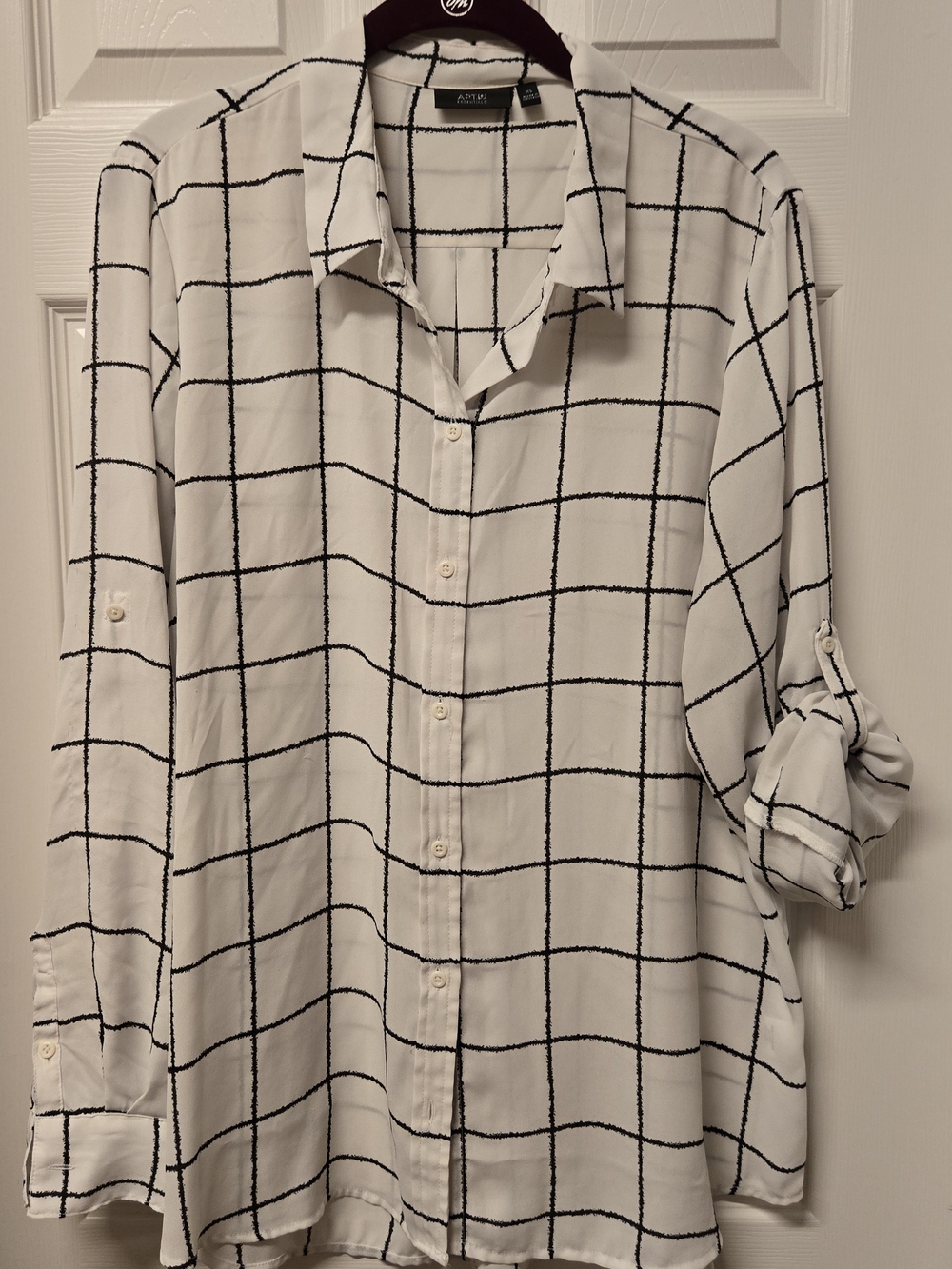 Essentials White Button-Down Shirt with Black Windowpane Grid